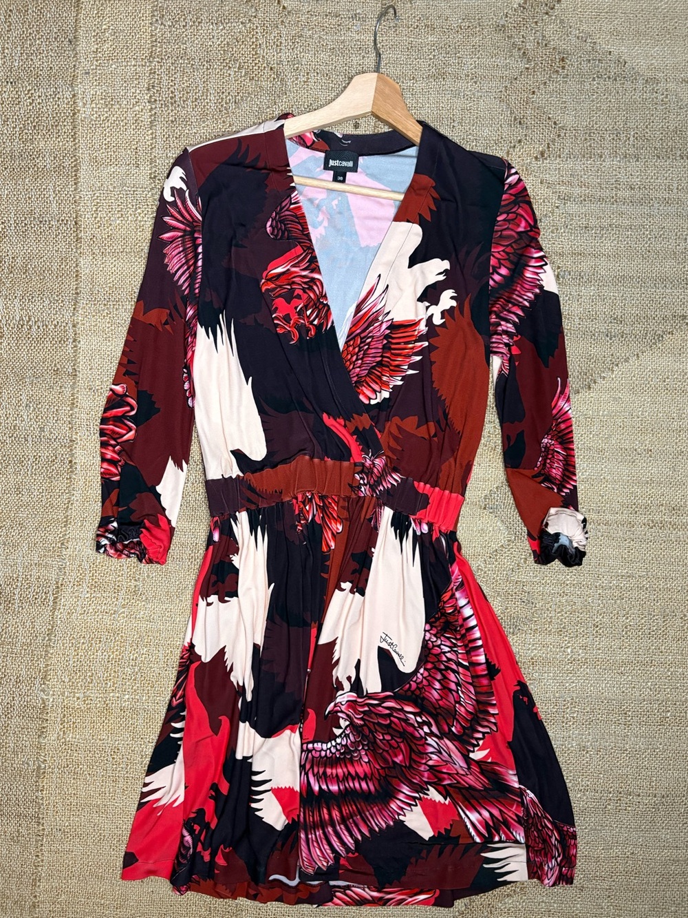 Just Cavalli Red, Black & Cream Floral-Print Wrap Dress